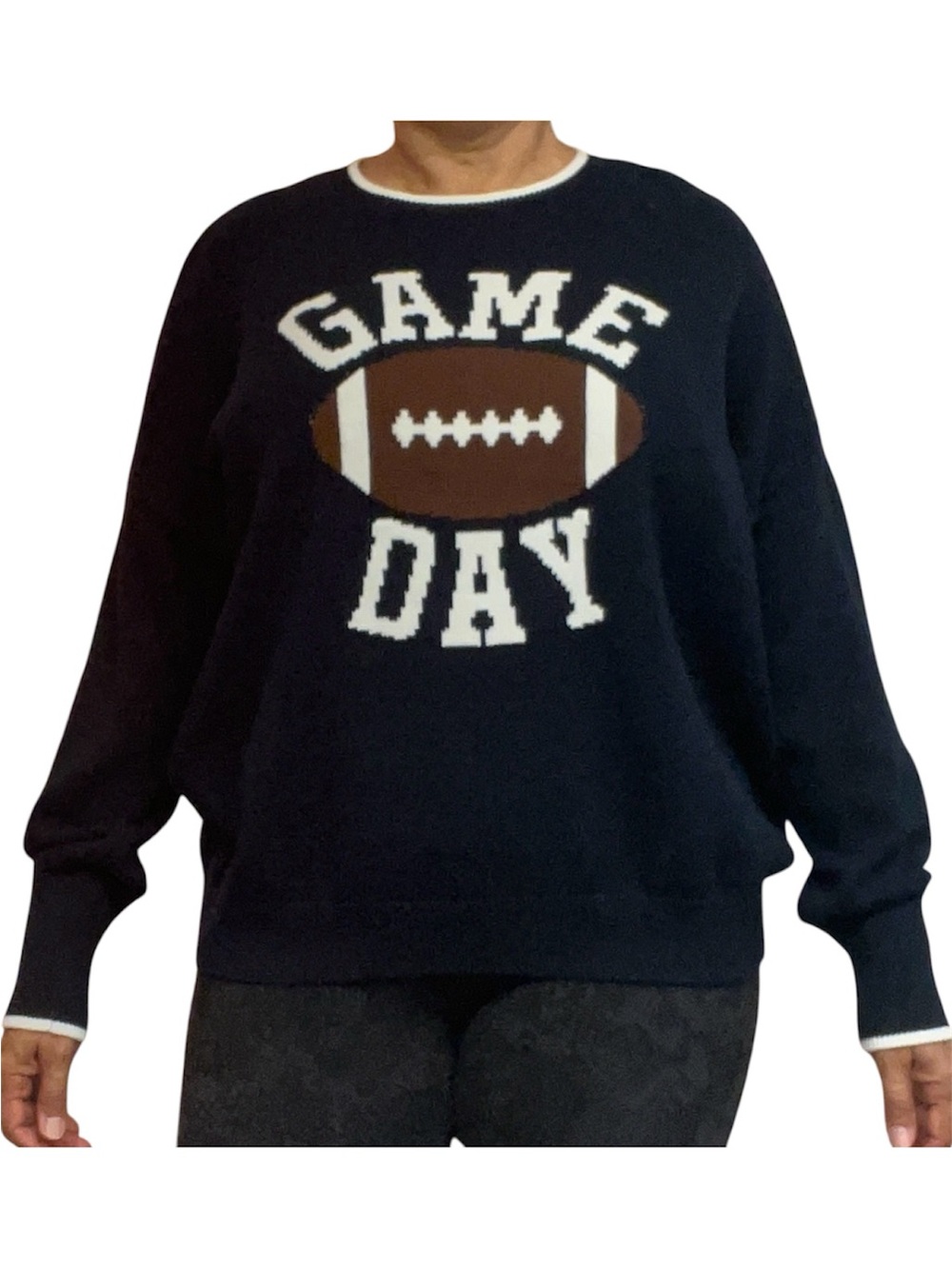 Fun CeCe Navy Crewneck Sweater for game day with Brown & White Football Graphic